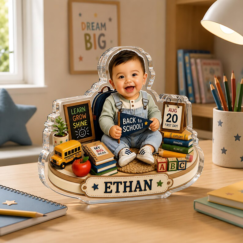 Personalized Back to School Acrylic Block, Custom Photo First Day of School Gift, Toddler Preschool Keepsake, Kids Name Desk Decor 2026