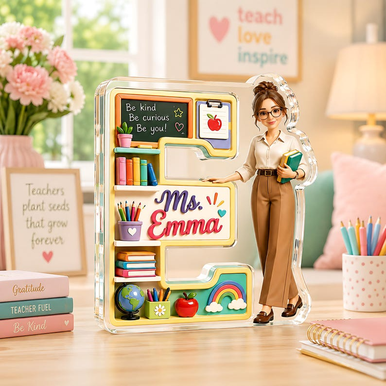 Personalized Teacher Initial Acrylic Block, Custom Name First Letter Desk Sign, Photo Teacher Appreciation Gift, End of Year Classroom Gift