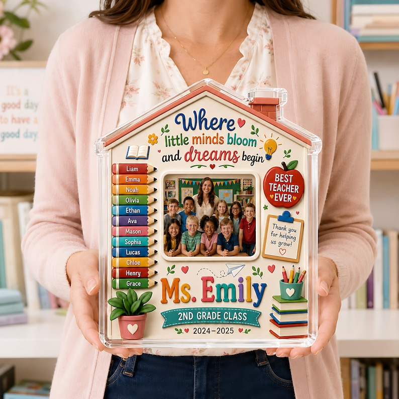 Personalized Teacher Photo Acrylic Block, Custom Class Picture Student Names Gift, Teacher Appreciation End of Year Classroom Keepsake Decor