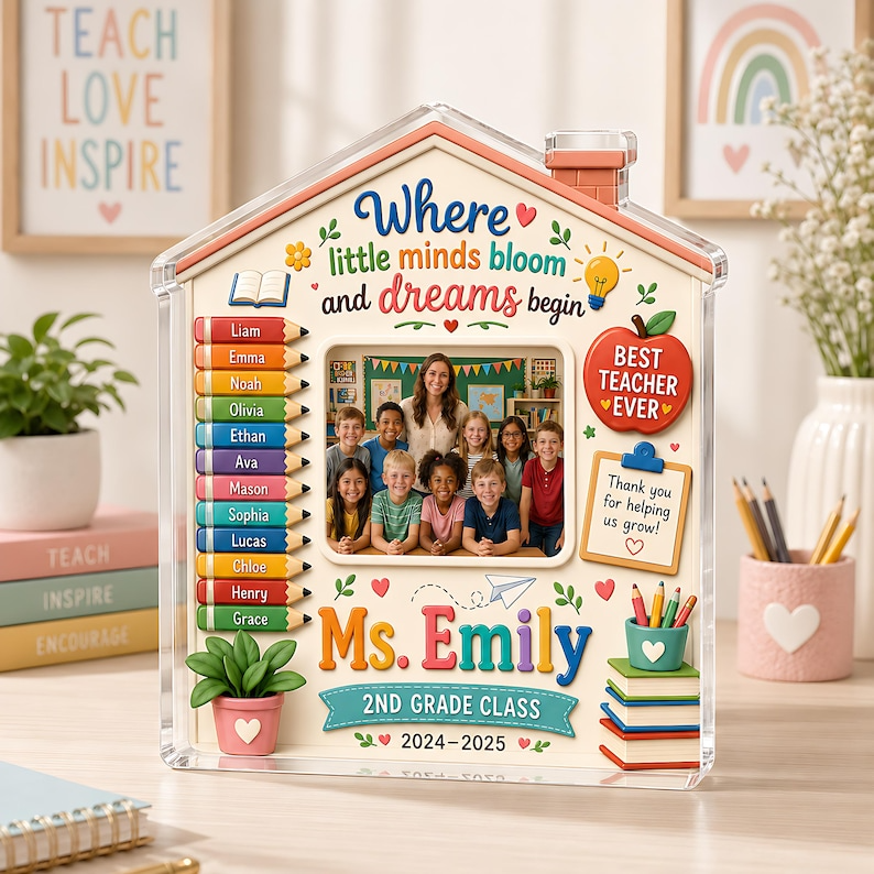 Personalized Teacher Photo Acrylic Block, Custom Class Picture Student Names Gift, Teacher Appreciation End of Year Classroom Keepsake Decor