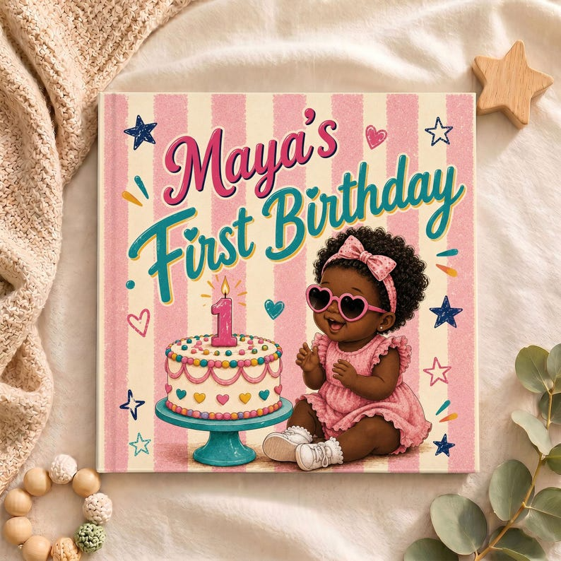 Personalized First Birthday Book | Custom Black Baby Girl Name &amp; Appearance Story | Gift From Aunt, Grandma, Godmom