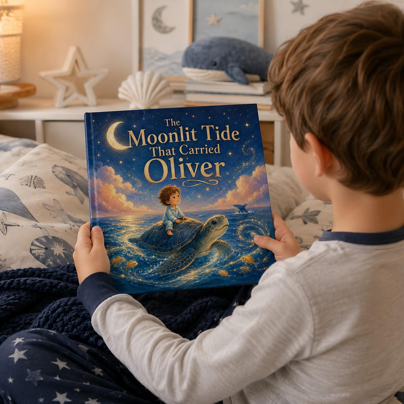 Personalized Ocean Adventure Book, Custom Face Photo and Child Name, Moonlit Sea Turtle Story, Magical Bedtime Keepsake for Kids