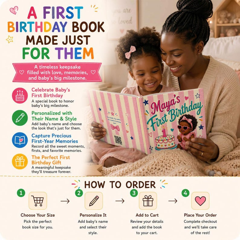 Personalized First Birthday Book | Custom Black Baby Girl Name &amp; Appearance Story | Gift From Aunt, Grandma, Godmom