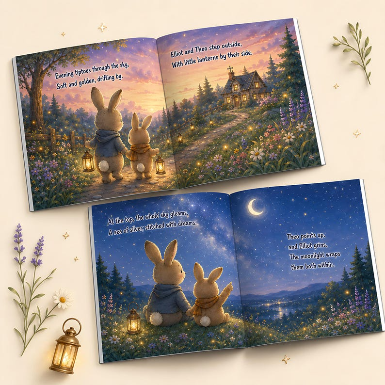 Personalized Sibling Bedtime Story Book, Custom Two Child Names Bunny Lantern Adventure, Nighttime Keepsake Gift for Brothers and Sisters!