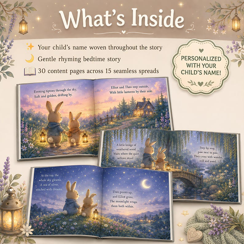 Personalized Sibling Bedtime Story Book, Custom Two Child Names Bunny Lantern Adventure, Nighttime Keepsake Gift for Brothers and Sisters!