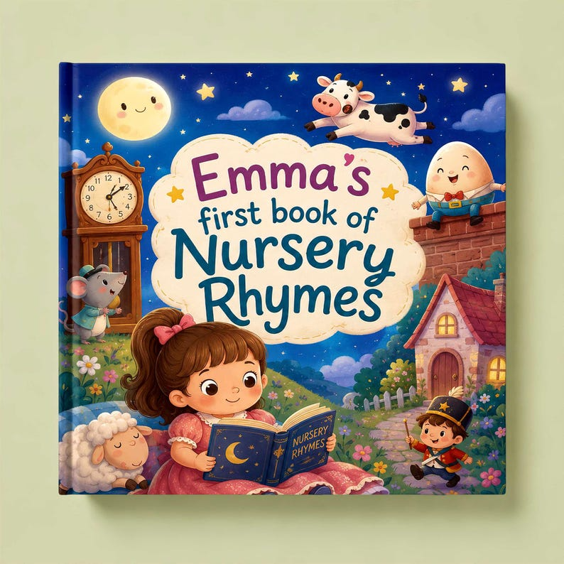 Custom Baby Name Book of Nursery Rhymes, Personalized Bedtime Storybook, Unique Baby Shower Gift, First Birthday Keepsake for Boy or Girl