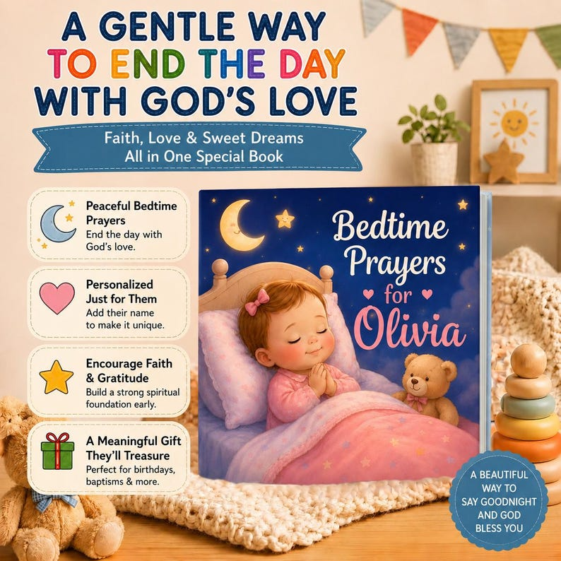 Personalized Bedtime Prayer Book for Kids | Custom Name Christian Baby Gift | Baptism Gift | Bedtime Prayers