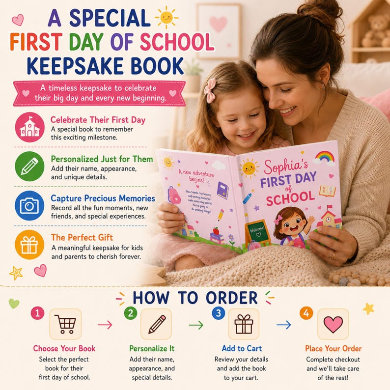 Custom First Day of School Book Personalized Back to School Gift for Boy Girl Pre-K Kindergarten Children's Storybook with Name Grandchild