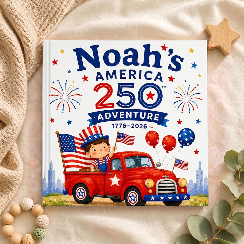 Custom Kids Adventure Book with Name, America 250 Storybook, Personalized Character Gift Boy Girl Toddler, Custom Birthday Keepsake