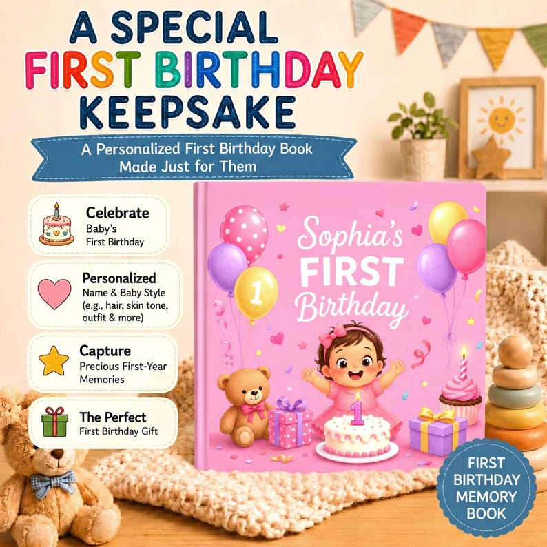 Personalized First Birthday Book, Custom Baby Storybook, Cute 1st Birthday Gift for Toddler, Custom Name Keepsake Boy Girl