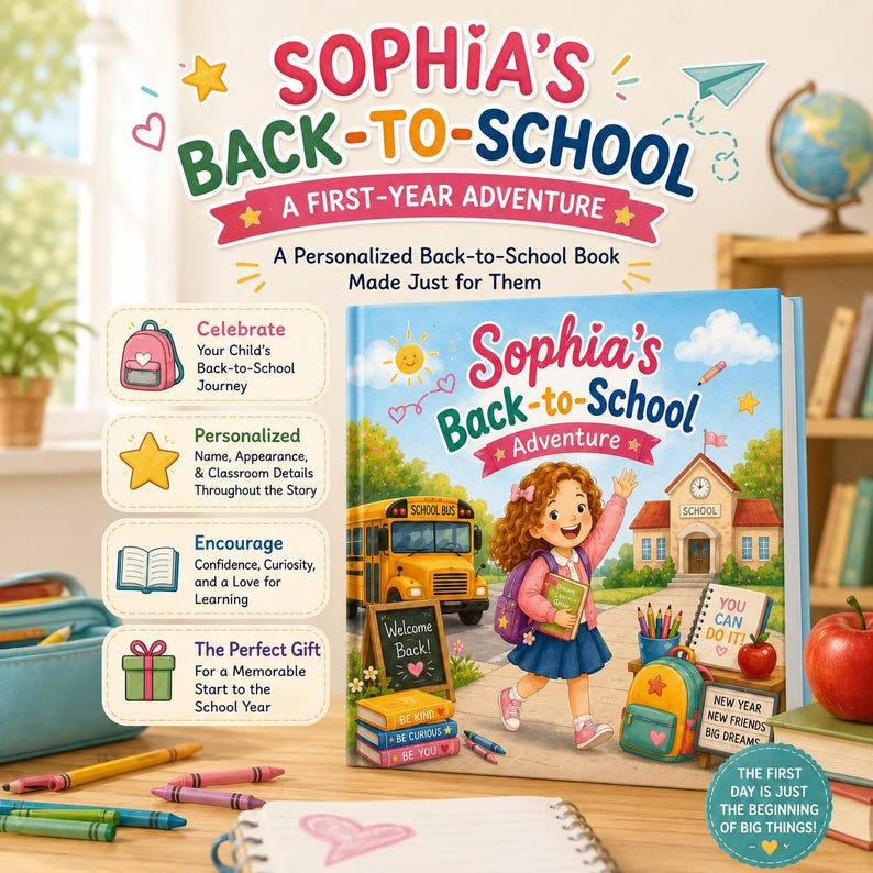 Custom First Day of School Story - Personalized Name Adventure Book - Custom Character Gift - Back to School Kids Book Boy Girl