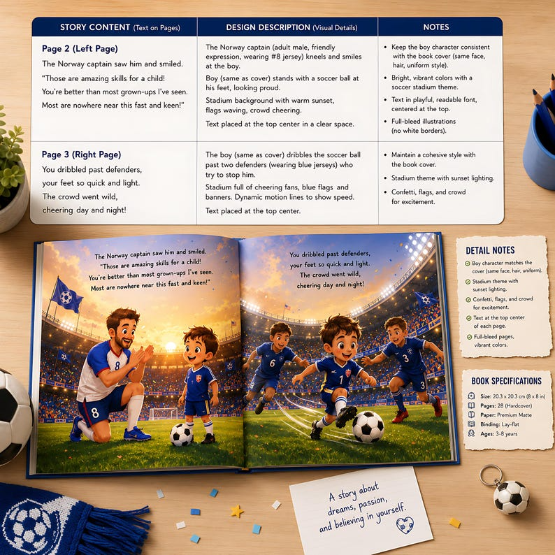 Personalized Soccer Story Book for Kids, Custom Name &amp; Photo Football Adventure Book, Choose Team Jersey Color, Soccer Player Gift