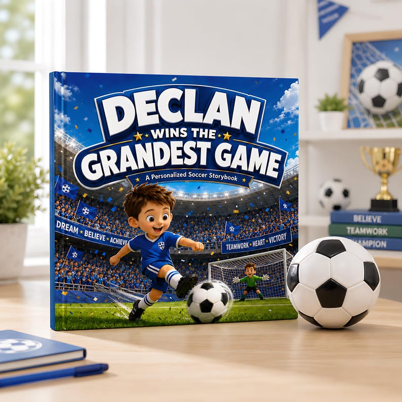 Personalized Soccer Story Book for Kids, Custom Name &amp; Photo Football Adventure Book, Choose Team Jersey Color, Soccer Player Gift
