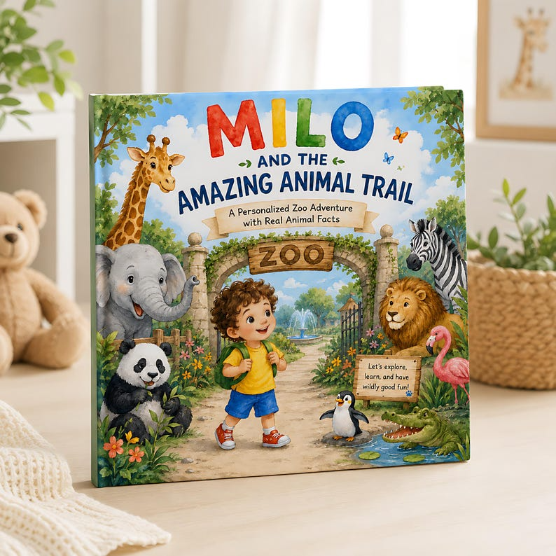 Personalized Zoo Adventure Book for Kids, Custom Name &amp; Photo Animal Storybook, Learn Real Animal Facts, Wildlife Gift for Kids