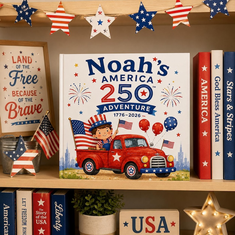 Custom Kids Adventure Book with Name, America 250 Storybook, Personalized Character Gift Boy Girl Toddler, Custom Birthday Keepsake