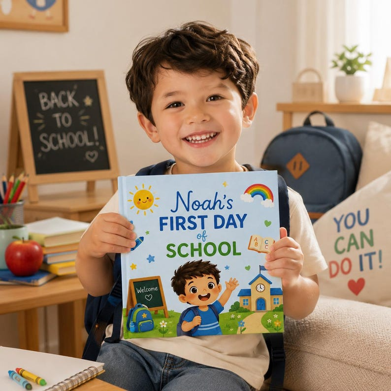 Personalized First Day of School Book for Boys | Custom School Memory Book | Back to School Keepsake Gift for Kids | Child Name Book