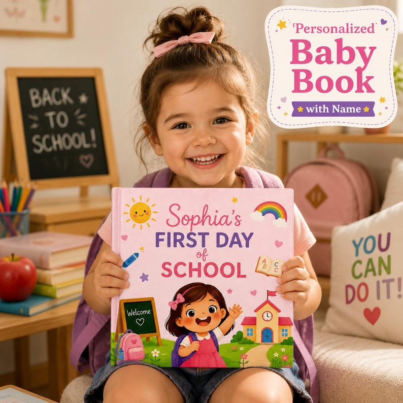 Custom First Day of School Book Personalized Back to School Gift for Boy Girl Pre-K Kindergarten Children's Storybook with Name Grandchild