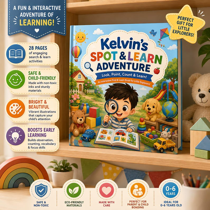 Personalized Spot &amp; Learn Quiet Book for Kids, Custom Name Search Find Activity Storybook, Counting Colors Vocabulary Gift for Toddlers 2-6
