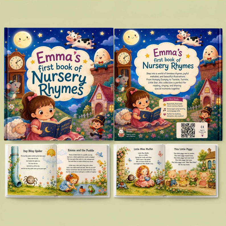 Custom Baby Name Book of Nursery Rhymes, Personalized Bedtime Storybook, Unique Baby Shower Gift, First Birthday Keepsake for Boy or Girl