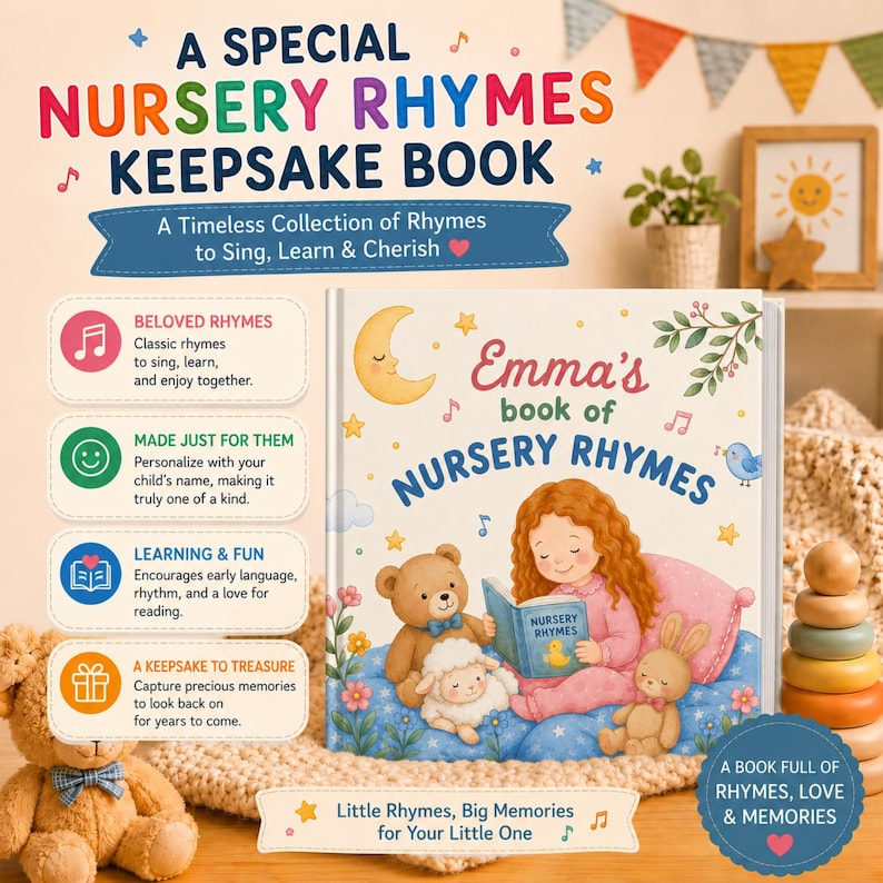 Personalized Nursery Rhymes Book with Custom Character, Custom Baby Name Storybook, Avatar Bedtime Story, Unique Baby Shower Gift Keepsake