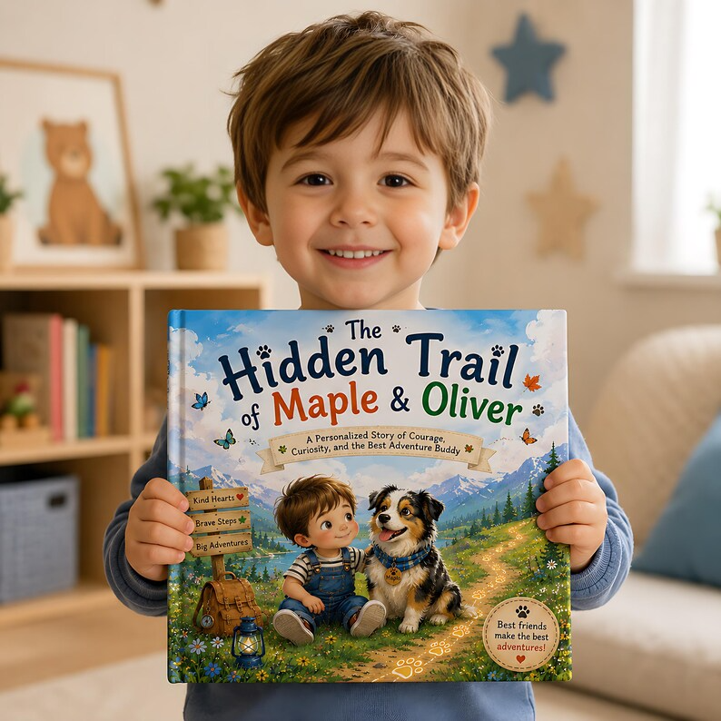 Personalized Kid &amp; Dog Adventure Book, Custom Child Name - Dog Breed Storybook, Friendship Trail Keepsake Gift for Kids Families