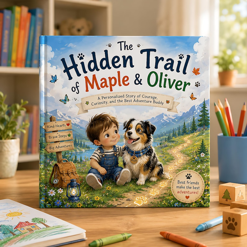 Personalized Kid &amp; Dog Adventure Book, Custom Child Name - Dog Breed Storybook, Friendship Trail Keepsake Gift for Kids Families