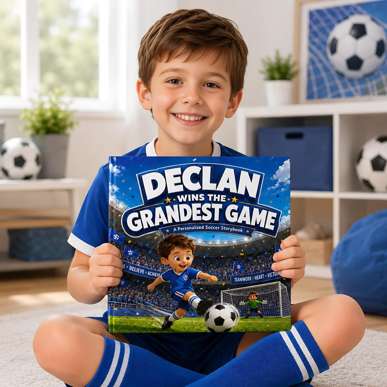 Personalized Soccer Story Book for Kids, Custom Name &amp; Photo Football Adventure Book, Choose Team Jersey Color, Soccer Player Gift
