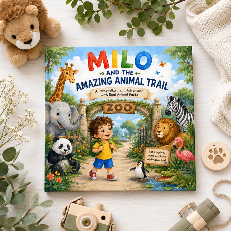 Personalized Zoo Adventure Book for Kids, Custom Name &amp; Photo Animal Storybook, Learn Real Animal Facts, Wildlife Gift for Kids