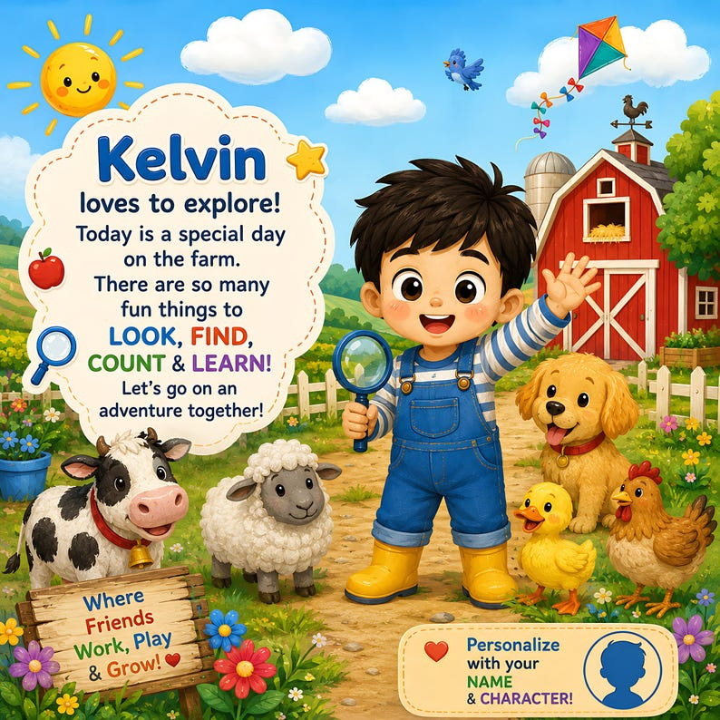 Personalized Spot &amp; Learn Quiet Book for Kids, Custom Name Search Find Activity Storybook, Counting Colors Vocabulary Gift for Toddlers 2-6