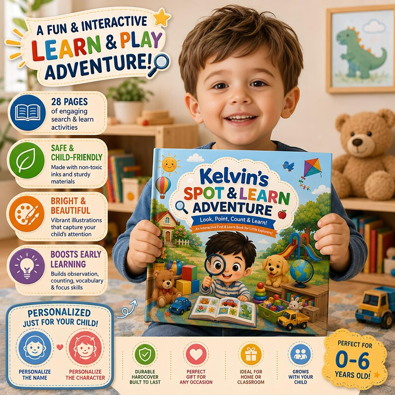 Personalized Spot &amp; Learn Quiet Book for Kids, Custom Name Search Find Activity Storybook, Counting Colors Vocabulary Gift for Toddlers 2-6