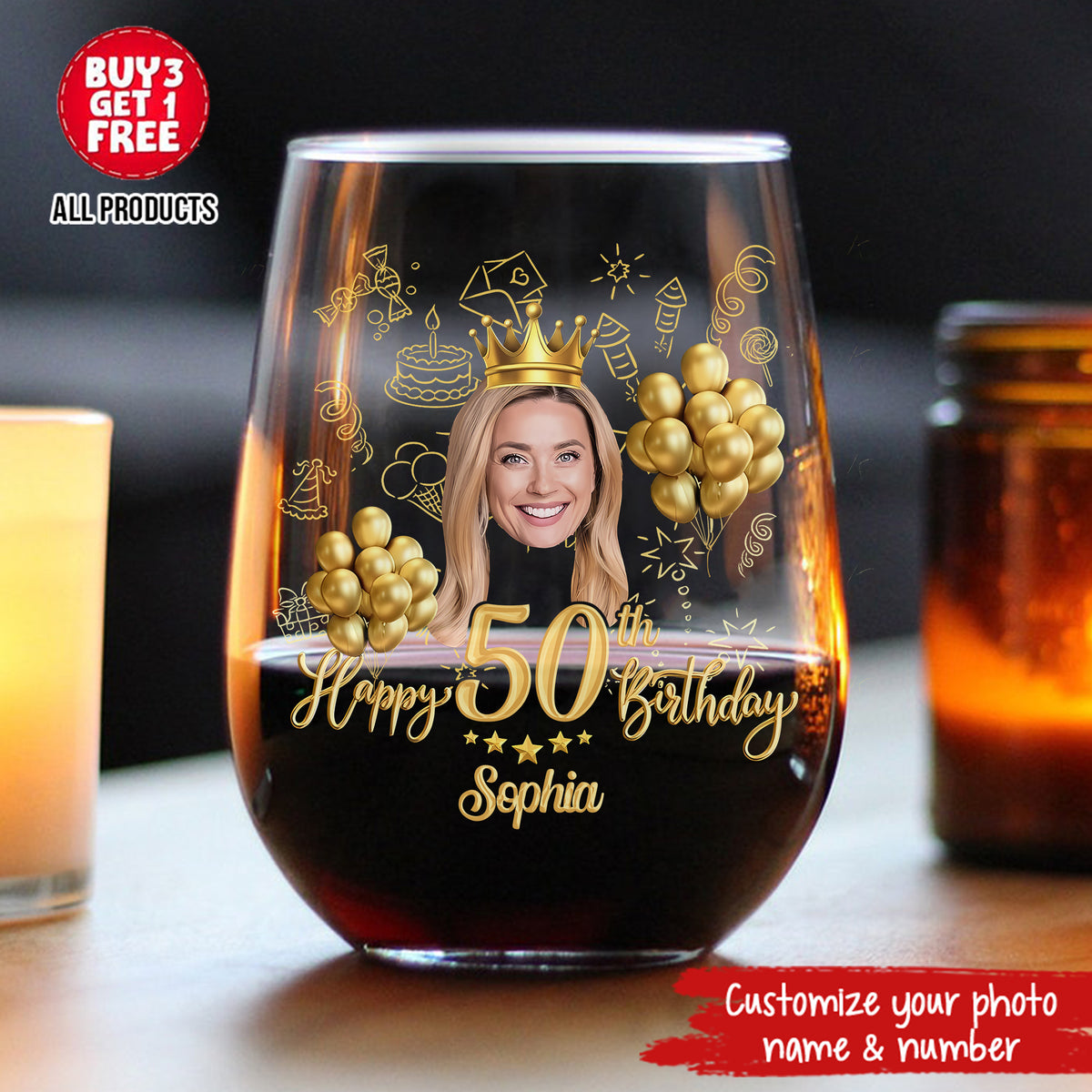 Custom picture plastic wine glass, 50th birthday shatterproof party favors, Customizable picture birthday wine glass, 50th birthday gift-YPT-HMT