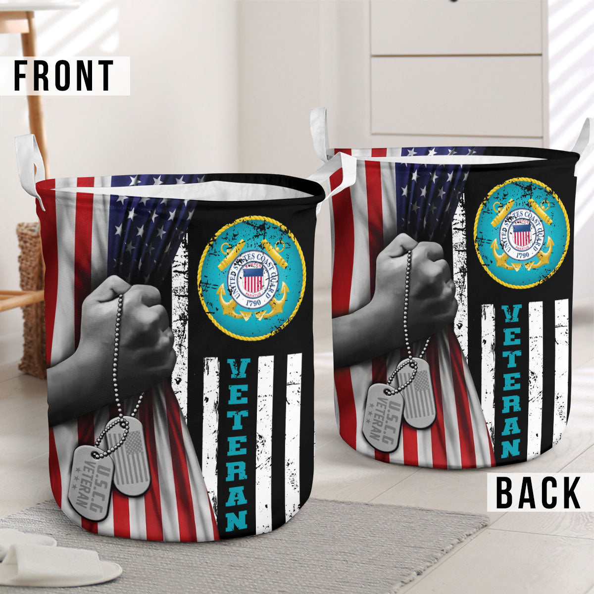 U.S. Coast Guard Veteran US Flag Laundry Basket
