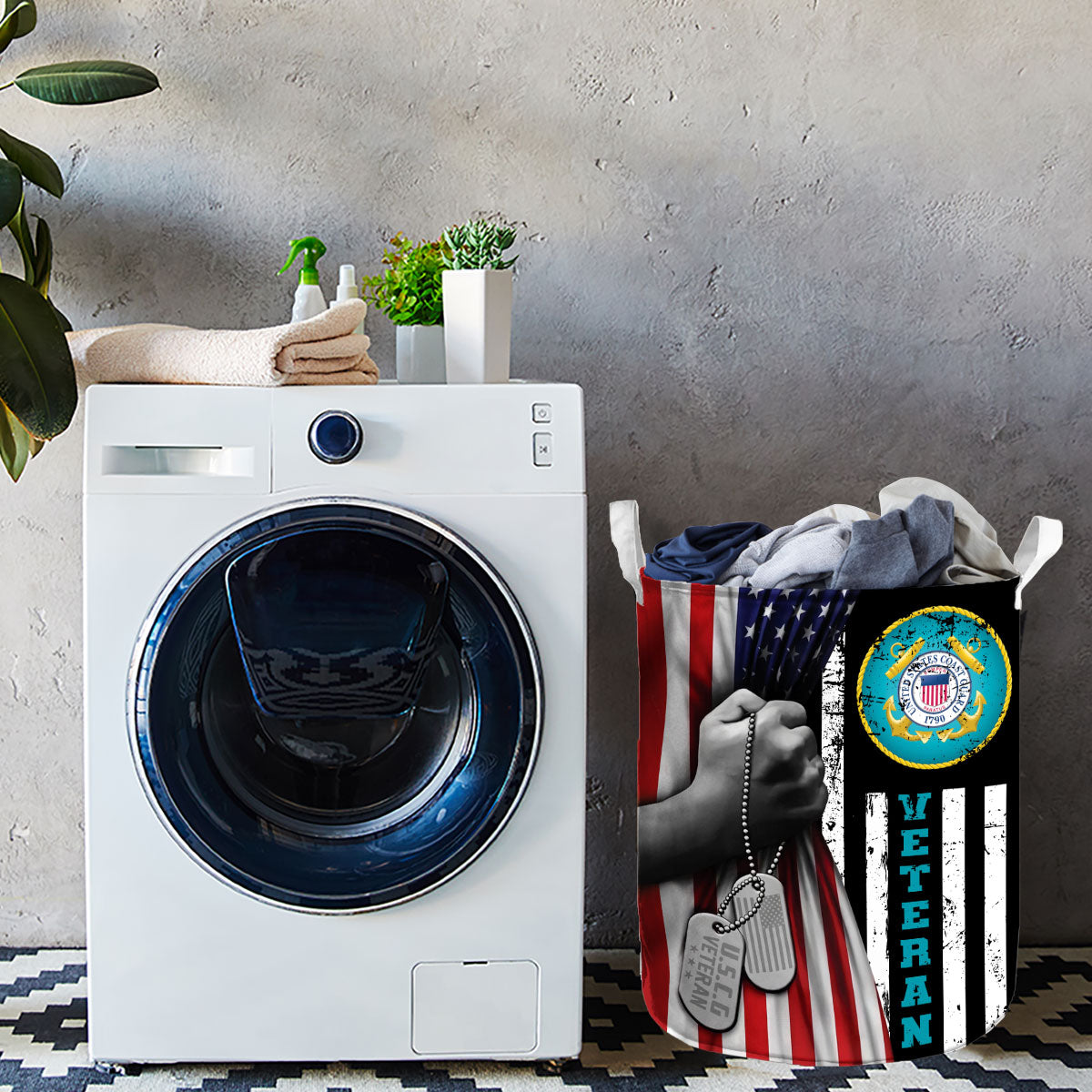 U.S. Coast Guard Veteran US Flag Laundry Basket