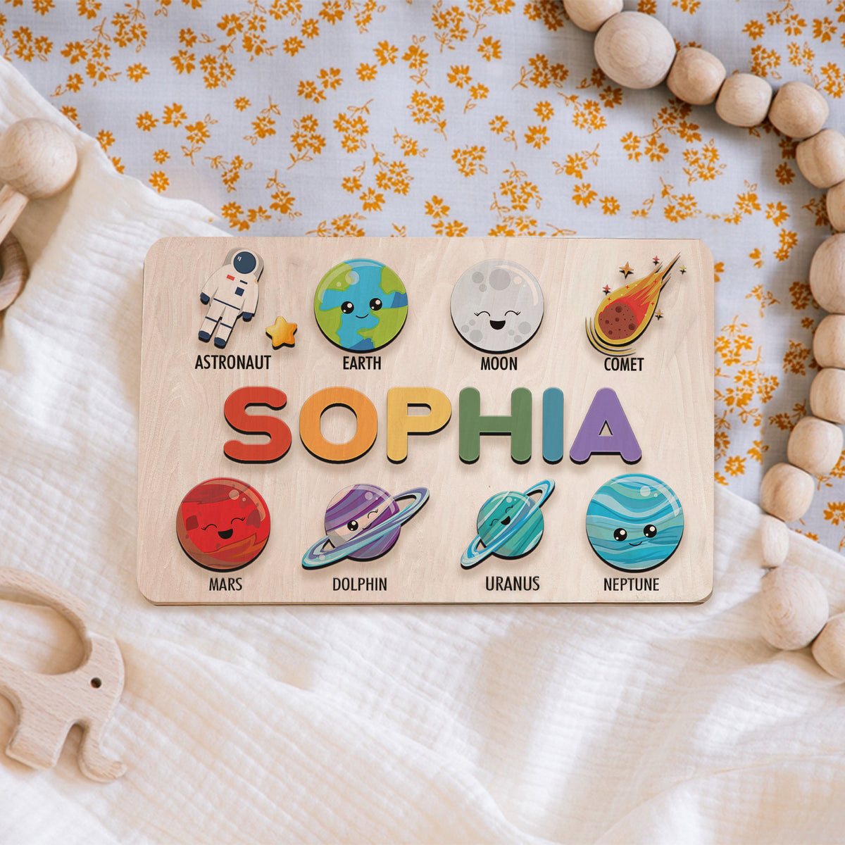 Personalized BusyBoard with Space, Custom Sensory Board for kids, Custom Space toys for kids, Montessori Board, Wooden Puzzle Board