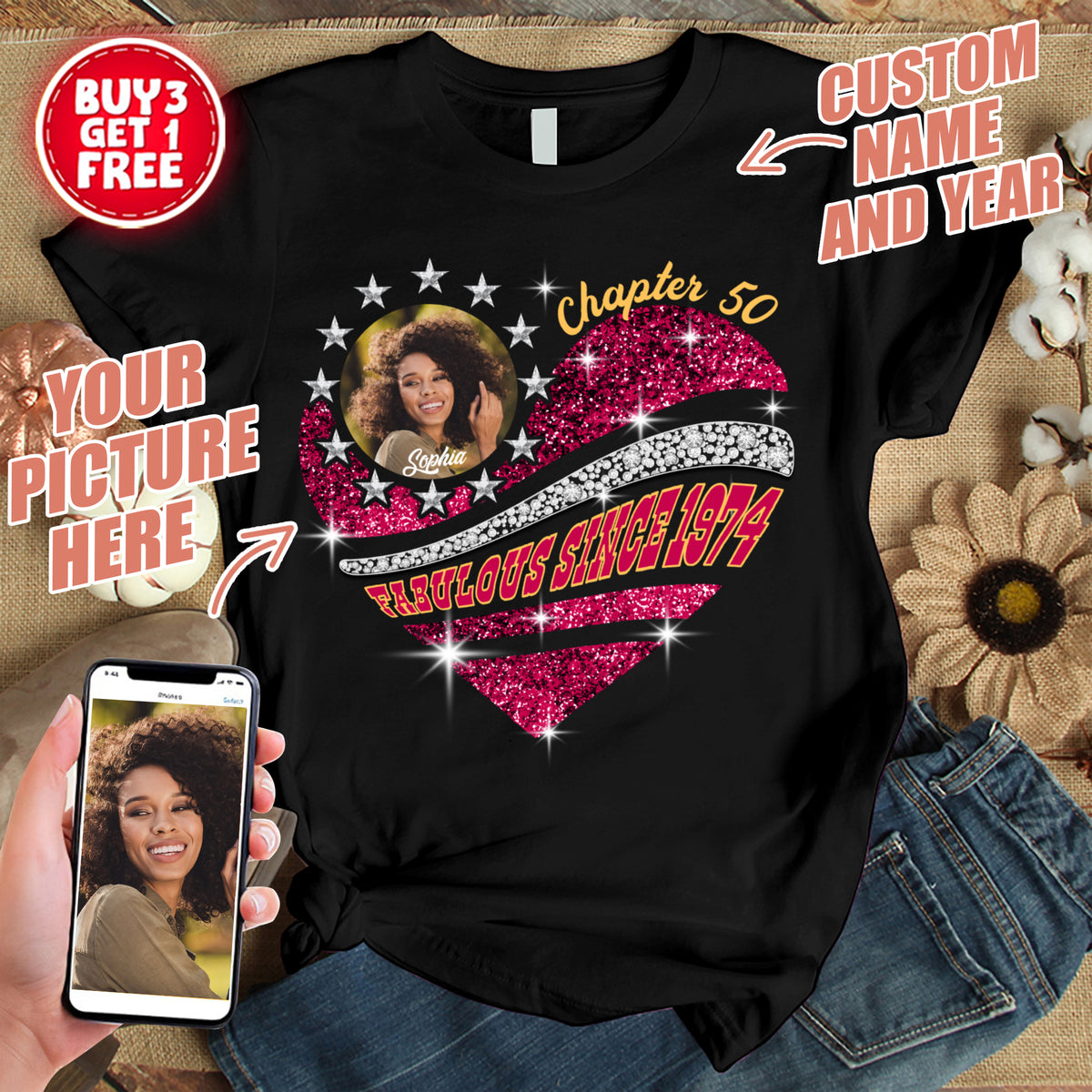 Custom Face Photo 50&#39;s Birthday Shirt, 50th Birthday Unique T Shirt For Woman, Custom Birthday Shirt, Her Gifts For 50 Years Old, Custom Picture Tee, Personalized Birthday Shirt-YPT-TLT