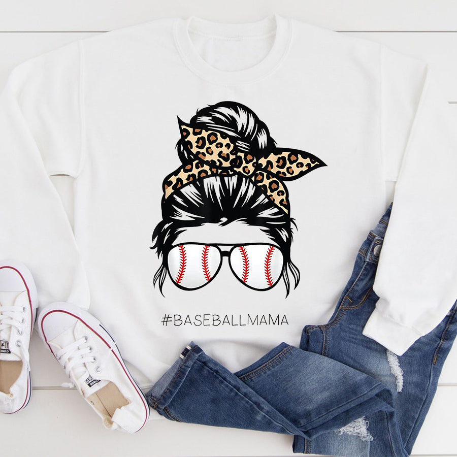 Baseball Mom Shirt Baseball Mama Leopard Funny Mom Messy Hair Bun Mothers Day T-Shirt Mother Day Shirts