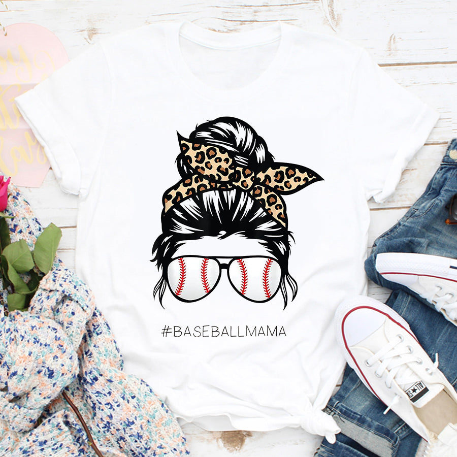 Baseball Mom Shirt Baseball Mama Leopard Funny Mom Messy Hair Bun Mothers Day T-Shirt Mother Day Shirts