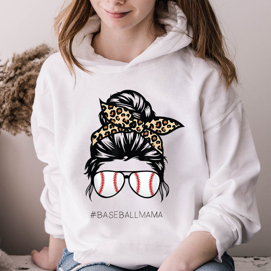 Baseball Mom Shirt Baseball Mama Leopard Funny Mom Messy Hair Bun Mothers Day T-Shirt Mother Day Shirts