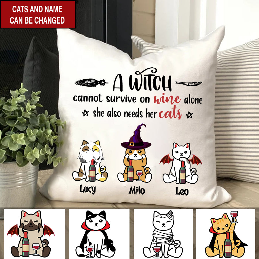 personalized cat pillow, A witch cannot survive on wine alone she also needs her cats halloween pillow, halloween cat pillow, witch pillow, sofa pillows, living room decor