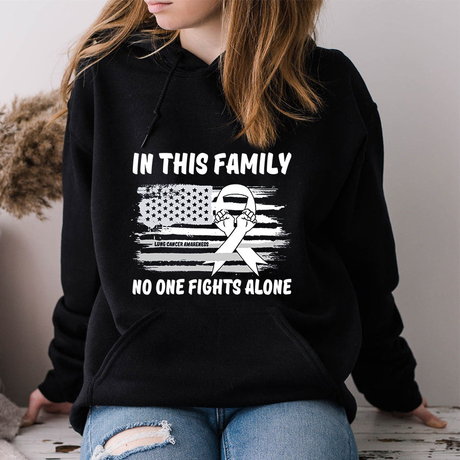In This Family No One Fights Alone Lung Cancer Awareness T Shirt , Lung Cancer Awareness Ribbon Day, White Ribbon Gift
