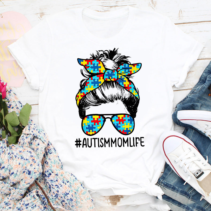 Autism Mom Shirt Curly Messy Bun Autism Awareness T-Shirt Autism Awareness Month Shirt For Women