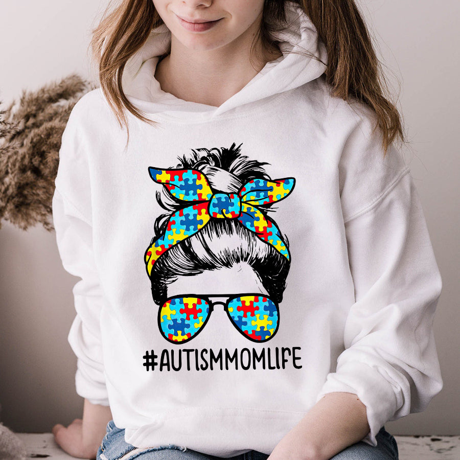 Autism Mom Shirt Curly Messy Bun Autism Awareness T-Shirt Autism Awareness Month Shirt For Women