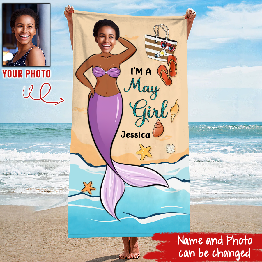 Funny Memaid Towel - Personalized Beach Towel, Birthday Gift For May Queen, May Birthday Gifts, May Birthday Gift Idea For Her