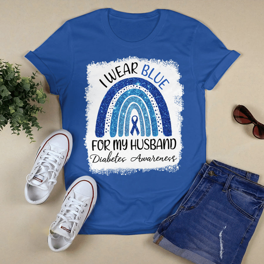 I Wear Blue For My Husband Rainbow T Shirt , T1D Diabetes Awareness Gift, World Diabetes Day, Blue Ribbon