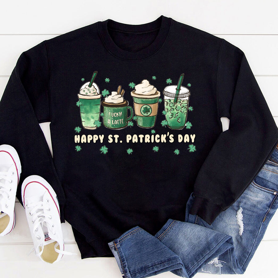 St. Patrick&#39;s coffee Shirts, Lucky latte lover iced cute funny gifts, Shamrock Shirt, Saint Patricks Day Shirt