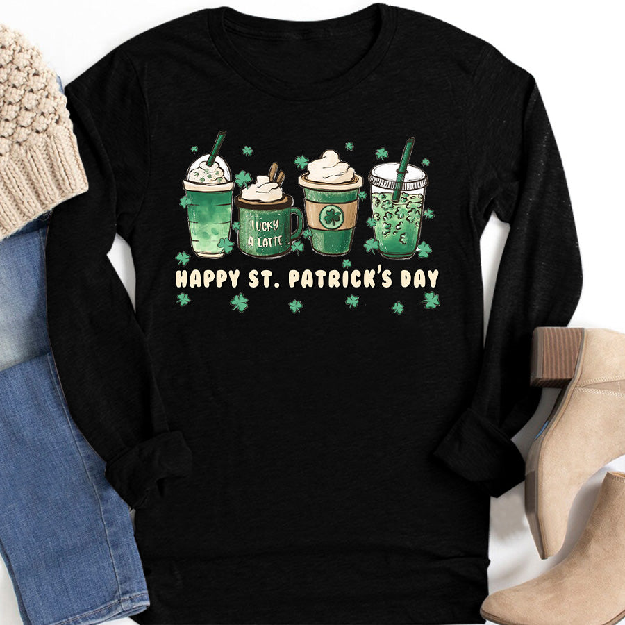 St. Patrick&#39;s coffee Shirts, Lucky latte lover iced cute funny gifts, Shamrock Shirt, Saint Patricks Day Shirt