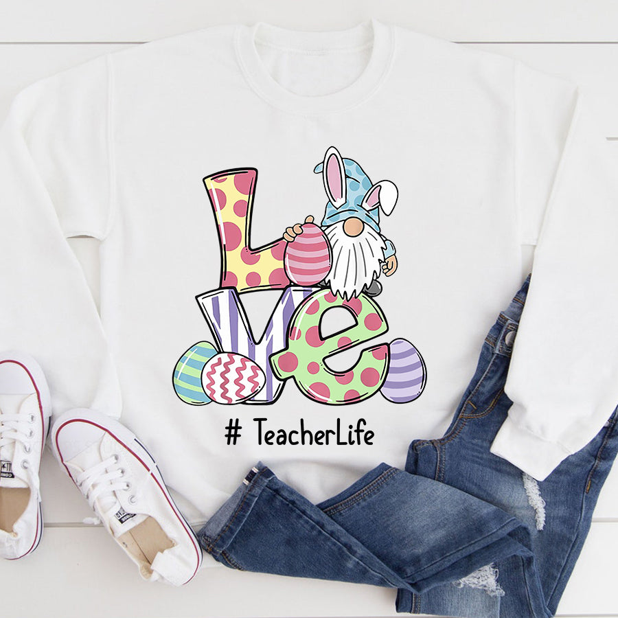 Easter Shirt Love Teacher Life Easter Gnome Egg Hunting Basket T-Shirt Funny Teacher Easter Gift