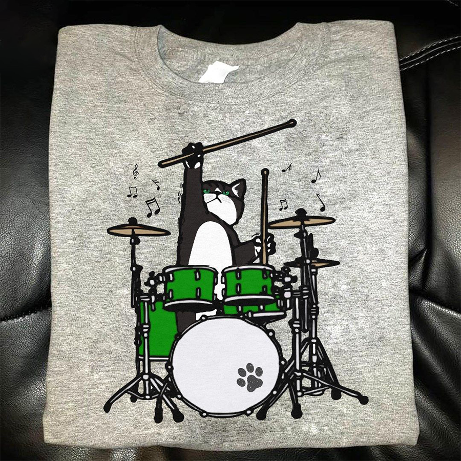 Drummer T Shirt, Funny Cat T Shirt, Black Cat Shirts, Drum Lover,  Best Cat Shirt, Cats Lovers Unisex Cotton T Shirt