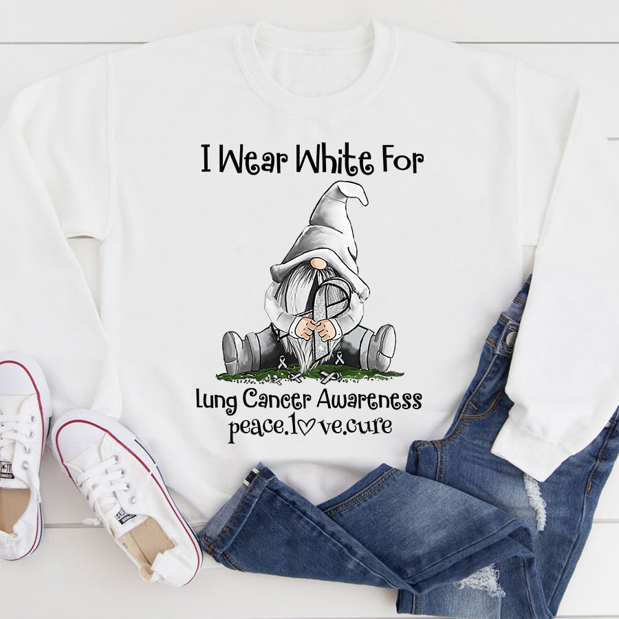 I Wear White For Lung Cancer Awareness Gnomes Peace Love Cure  Ribbon T Shirt , Lung Cancer Awareness Ribbon Day, White Ribbon