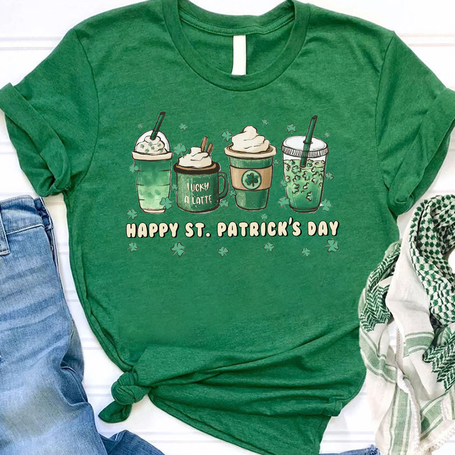 St. Patrick&#39;s coffee Shirts, Lucky latte lover iced cute funny gifts, Shamrock Shirt, Saint Patricks Day Shirt